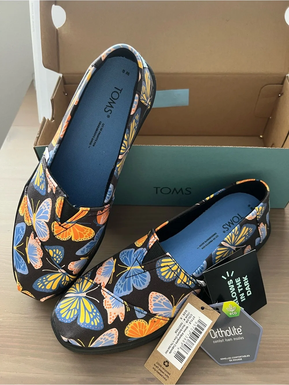 TOMS Alpargata Cupsole Glow in the Dark Black Butterfly Ortholite Flats sz 6